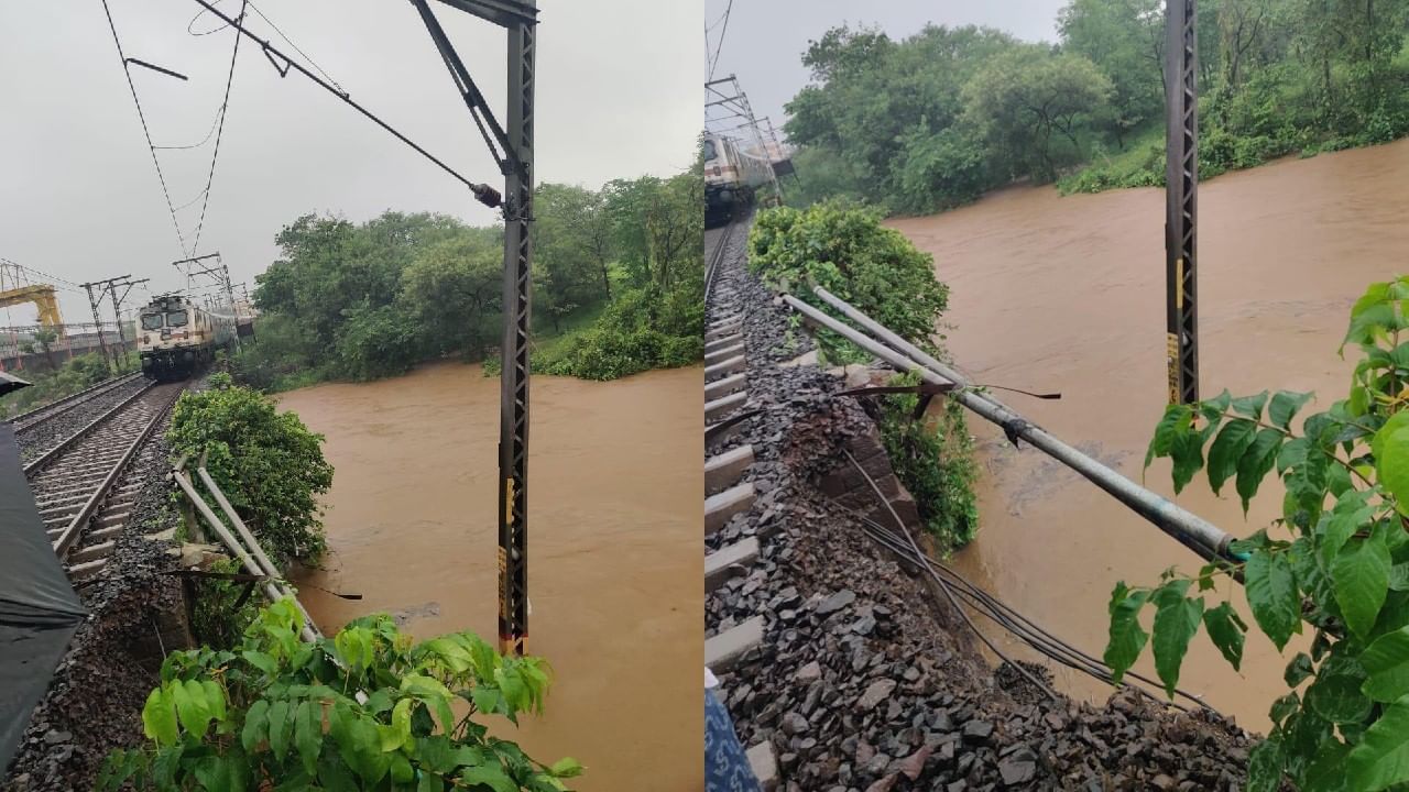 पावसाच्या पहिल्याच दणक्याने मध्य रेल्वेची दाणादाण, रेल्वे ट्रॅकखालची माती गेली वाहून, रेल्वे विस्कळीत पावसाच्या पहिल्याच दणक्याने मध्य रेल्वेची दाणादाण, रेल्वे ट्रॅकखालची माती गेली वाहून, रेल्वे विस्कळीत