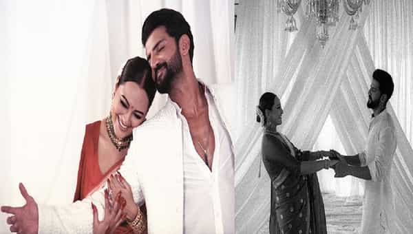 पहिल्या दोन फोटोमध्ये सोनाक्षी - झहीर खास पोज देताना दिसत आहेत. पहिल्या फोटोमध्ये झहीर याने अभिनेता शाहरुख खान याची सिग्नेचर पोज दिली आहे. तर तोच फोटो सोनाक्षीच्या फोनचा वॉलपेपर देखील आहे...