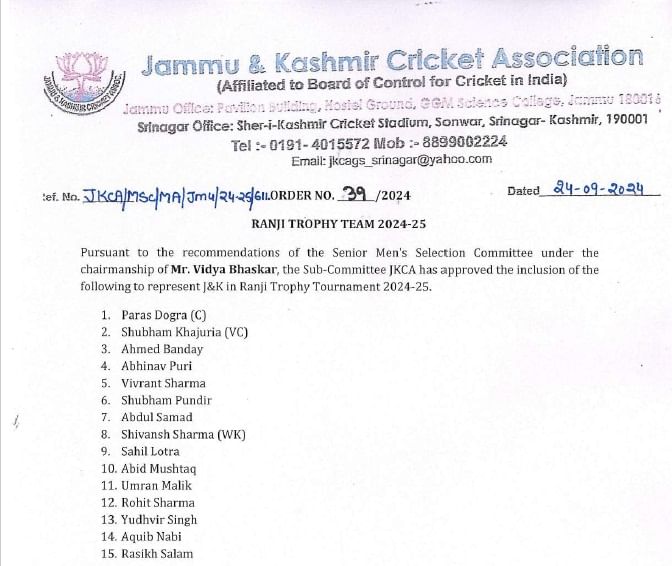 jammu kashmir squad for ranji trophy