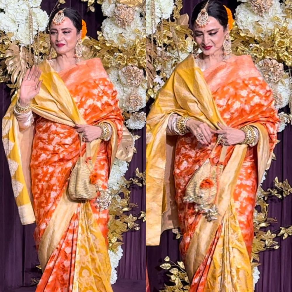 Rekha looked gorgeous in a Banarasi saree at the Diwali party.