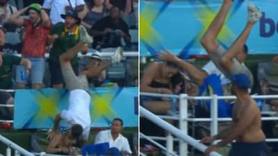 Live सामन्यात घडला अपघात! झेल पकडताना स्टँडवरून मुलगा पडला मुलीवर आणि पँट उतरली Watch Video