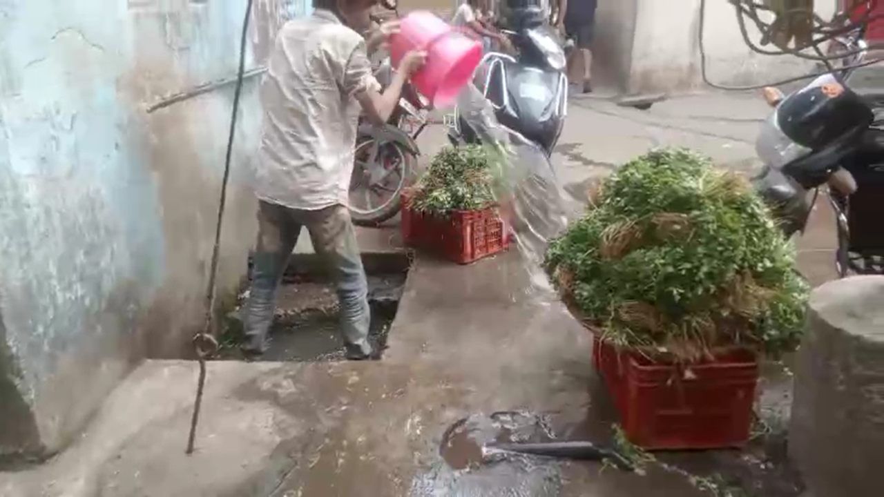 या गटाराच्या पाण्यात इथले भाजी विक्रेते भाज्या बुडवून धुतात. इतकंच नव्हे, तर बादलीने या गटाराचं पाणी काढून ते भाज्यांवर मारतात आणि त्यानंतर या भाज्यांची विक्री केली जाते.