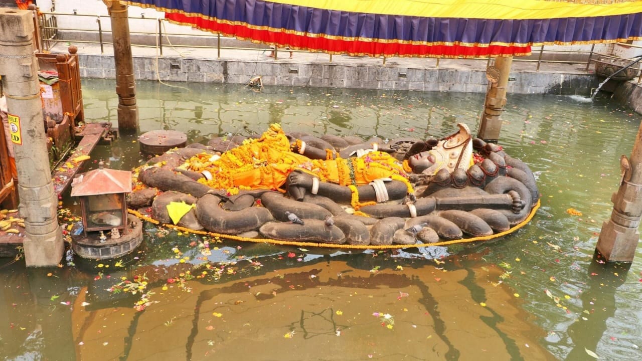 भगवान विष्णूंची ही काळ्या रंगाची मूर्ती नागांच्या वेटोळ्यांवर स्थित आहे. एका प्रचलित कथेनुसार, एक शेतकरी या ठिकाणी काम करत होता. याच दरम्यान शेतकऱ्याला ही मूर्ती सापडली. १३ मीटर लांबीच्या तलावात असलेली भगवान विष्णूंची ही मूर्ती पाच मीटरची आहे. यावेळी नागांचे फणे भगवान विष्णूंच्या डोक्यावर छत्र म्हणून आहेत.