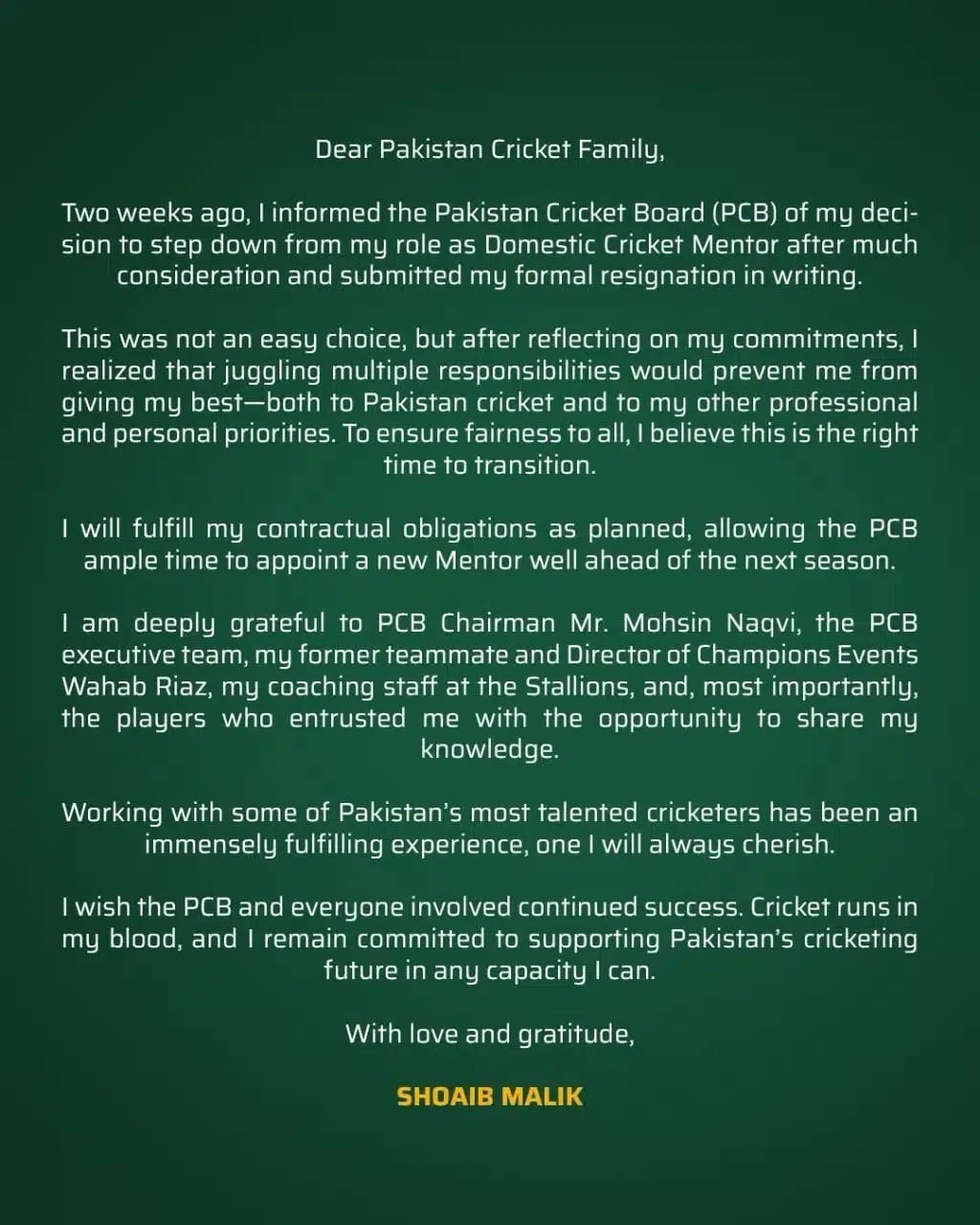 Shoaib Malik Resign Letter