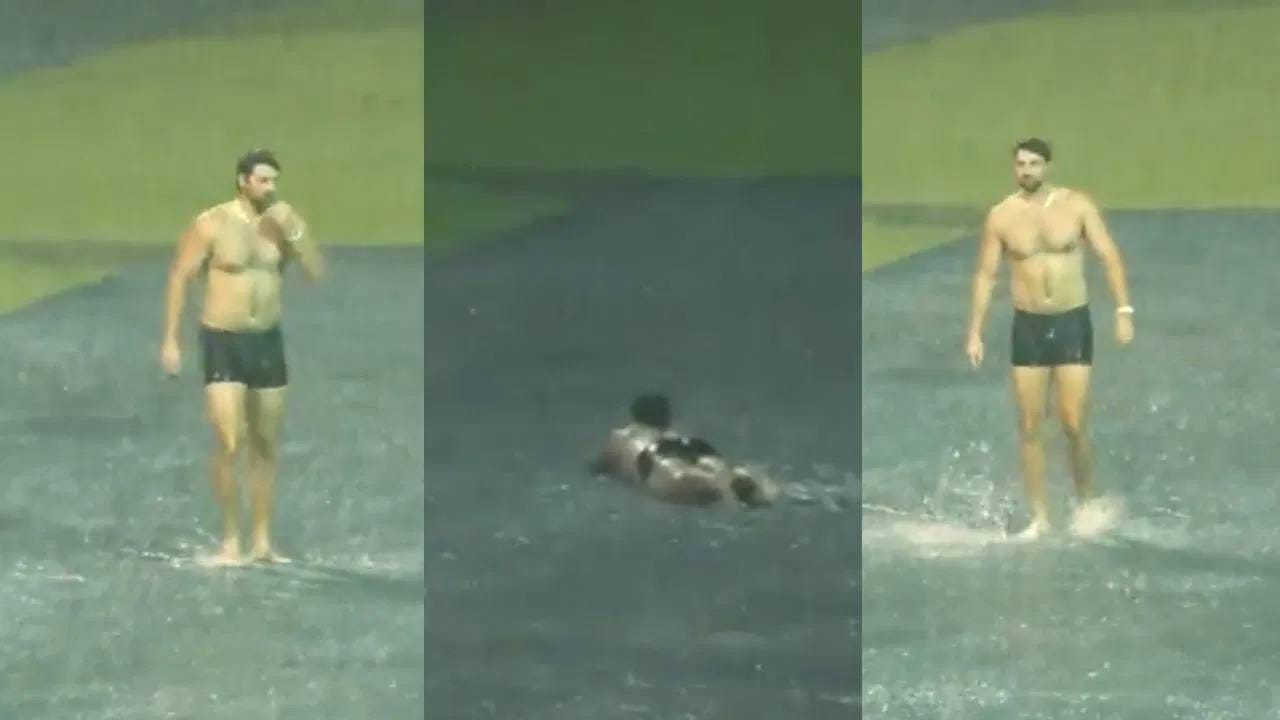 टिम डेविडने मैदानातच काढले कपडे आणि लुटला पावसाचा आनंद, चिन्नास्वामी स्टेडियम झालं स्विमिंग पूल Video