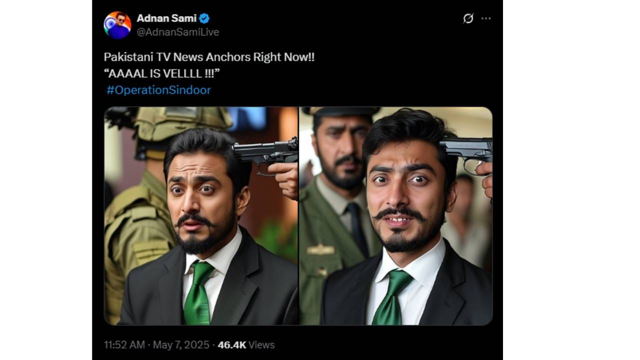 अदनानने पाकिस्तानी न्यूज अँकर्ससाठी उपरोधिक पोस्ट लिहिली आहे. पाकिस्तानी न्यूज अँकर्सच्या डोक्यावर बंदूक रोखल्याचा एआय फोटो शेअर करत अदनानने लिहिलं, 'पाकिस्तानी टीव्ही न्यूज अँकर्स आता म्हणत असतील.. आल इज वेल!' 
