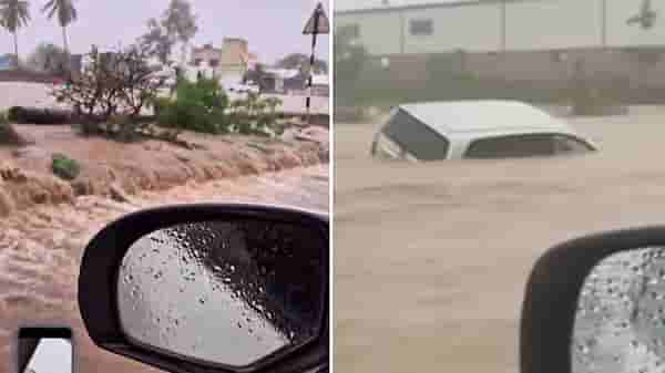 पुणे-सोलापूर मार्गावर पाटस येथे ढगफुटी ? , Innova कार वाहून गेली...Video