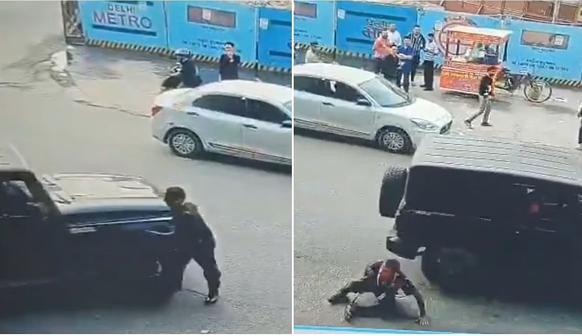 सिक्युरिटी गार्डने हॉर्न वाजवू नको म्हटलं तर, त्याच्या अंगावर थार घातली...CCTV