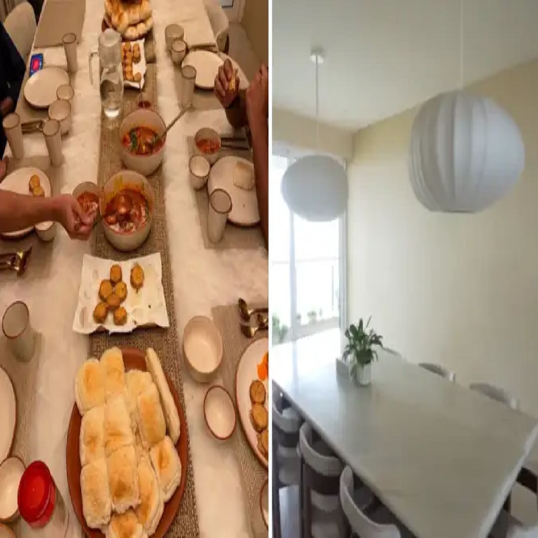 या अपार्टमेंटचा डायनिंग एरिया साधा आहे आणि त्यात कोणत्याही मोठ्या फॅन्सी वस्तू नाहीत. पॉलिश केलेल्या लाकडी लाकडापासून आणि ओनिक्स टॉपपासून बनवलेले एक खास डायनिंग टेबल आहे. हे सुंदर तुकडा तालिब चितळवाला आणि किशोर कदम यांनी डिझाइन केले आहे. हा भाग घराच्या बाल्कनीशी देखील जोडलेला आहे.