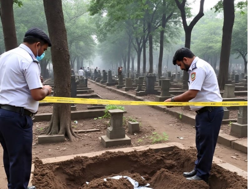 मृत्यूनंतर 27 जून रोजीच त्यांच्यावर अंत्यसंस्कार करण्यात आले. मात्र, 29 जून रोजी पोलिसांनी संशयाच्या आधारावर खड्ड्यात पुरलेला मृतदेह बाहेर काढला आहे. (सांकेतिक फोटो, फोटो सौजन्य- मेटा एआय)