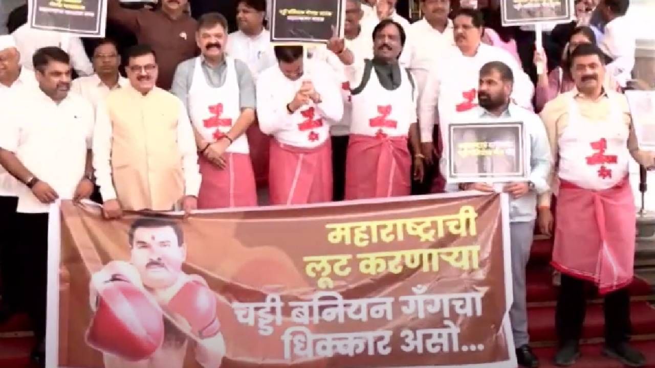 संजय गायकवाड, संजय शिरसाट यांच्यावर निशाणा साधत विरोधकांकडून विधीमंडळाच्या पायऱ्यांवर अनोखं आंदोलन करण्यात आलं. सचिन अहिर, शशिंकांत शिंदे, जितेंद्र आव्हाड, अंबादास दानवे यांनी टॉवेल आणि बनियानवर हे आंदोलन केलं. 
