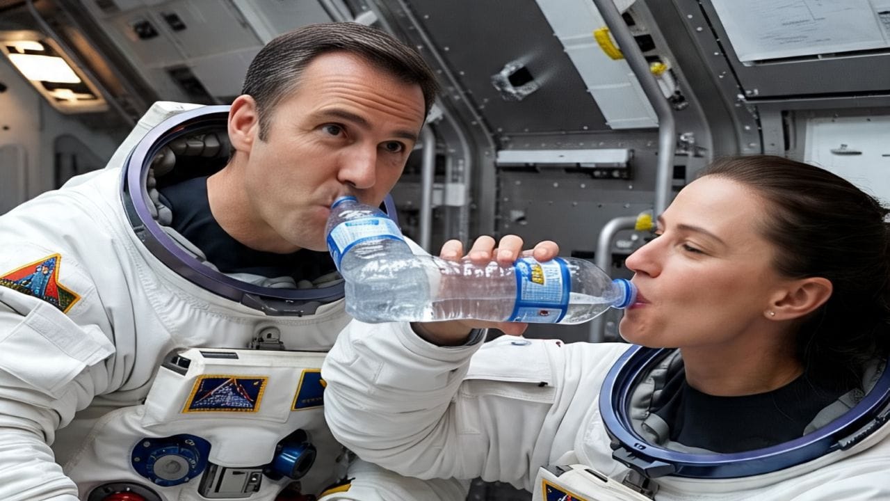 अंतराळवीर अंतराळात पाणी पिण्यासाठी खास स्ट्रॉ आणि पिशवी वापरतात. हे पाणी बहुतेकदा मूत्र आणि घामापासून रिसायकल केलेले असते. हे पाणी आपल्या घरात येणाऱ्या नळाच्या पाण्यापेक्षा जास्त स्वच्छ असते.