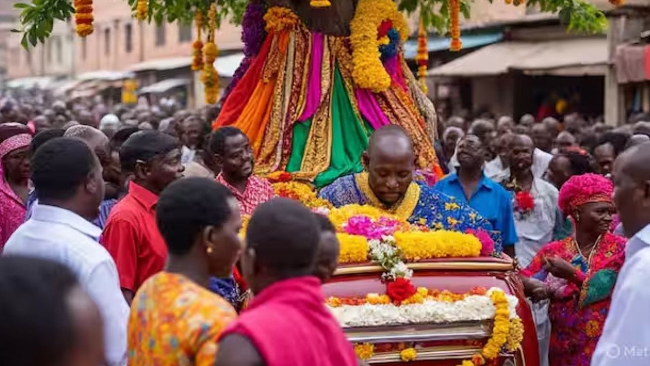 घानामध्ये मृत्यूचा आनंद साजरा करण्याची परंपरा खूप जुनी आहे. ज्या घरात मृत्यू झाला ते पार्टी देतात. चांगले कपडे परिधान करतात. नाचणे-गाणे, खाणे-पिणे असे कार्यक्रम होतात. मृत व्यक्तीचा फोटोप्रमाणे कपडे परिधान करतात. 