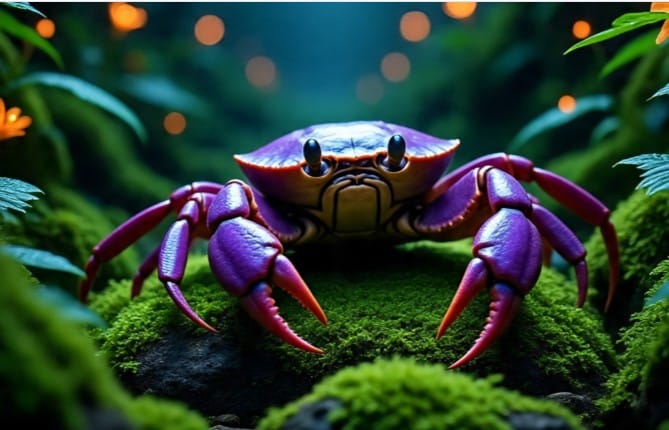 या खेकड्याच्या चमकण्याच्या गुणधर्मामुळे सगळे चकित झाले आहेत. सोशल मीडियावर या खेकड्याचे काही फोटो सोशल मीडियावर व्हायरल झालेले आहेत. हा सोध म्हणजे निसर्गाची अनोखी भेटच असल्याचे या उद्यानाच्या प्रशासनाने सांगितले आहे. (सांकेतिक फोटो, फोटो सौजन्य- मेटा एआय)