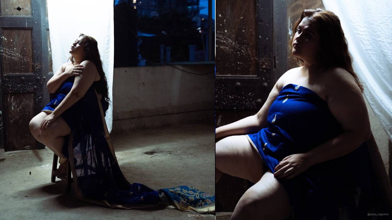 'सुंदरा मनामध्ये भरली' या मालिकेत महत्त्वाच्या भूमिकेत दिसणाऱ्या लतिका म्हणेजच अक्षया नाईकने न्यूड फोटोशूट केले आहे. तिने निळ्या रंगाची साडी हटके पद्धतीने नेसली आहे.