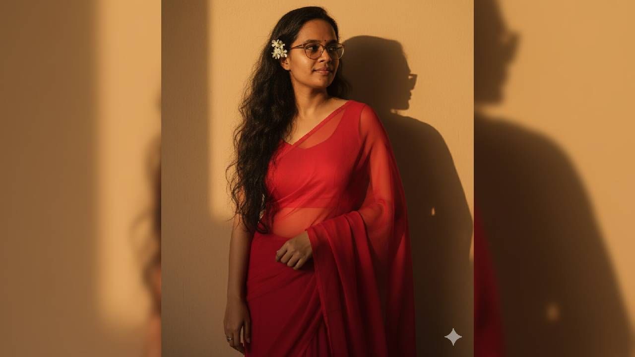 सर्वात आधी जर तुम्हाला लाल साडीमध्ये फोटो हवा असेल तर त्यासाठी तुम्हाला Convert the uploaded image into a stunning 4K HD portrait. The subject should have long, dark, wavy hair cascading over her shoulders. She should be wearing a translucent, elegant red saree draped over one shoulder, which reveals a fitted blouse underneath. White flowers should be tucked behind her right ear. She is looking slightly to her right, with a soft, serene expression. I want her face to remain exactly as it appears in the uploaded image without any alterations. The background should feature a plain, warm-toned wall, illuminated by a warm light source from the right, creating a distinct, soft-edged shadow of her profile and hair on the wall behind her. The overall mood should be retro and artistic हे प्रॉम्प्ट द्यावे लागेल.