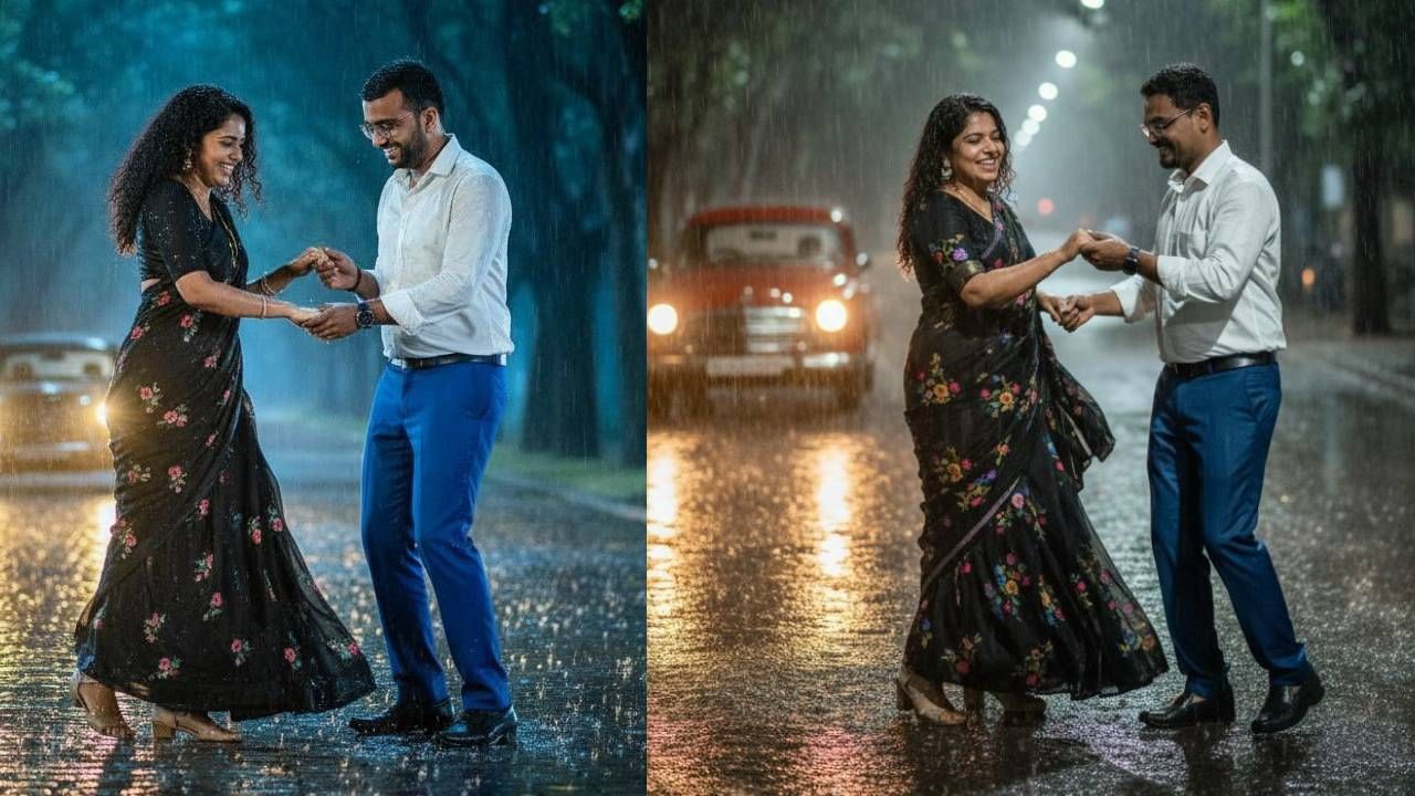 तुम्हाला असा फोटो तयार करायचा असेल तर Prompt Create a highly realistic cinematic ultra hd 4k image of a man and woman dancing cutely in the rain on a tree lined road . Use their real face features clearly visible — show both the women’s face and man’s face naturally. The women is wearing a bright black saree with delicate flower prints, curly weight hairs , jhumkas , and heels, the man is wearing a classic shirt with blue tuxedo style pants. Both are smiling joyfully while dancing show them un different cute dance poses— sometimes spinning , sometimes laughing while holiding hands , sometimes stepping in puddles . Keep the vibe playful and innocent, not sensual. A car is parked nearby while yellow headlights glowing softly in the rain . Their umbrella is flying away in the wind , adding to the fun. The wet road should reflect the rain and headlights for a cinematic, dreamy effect. guy having French cut  हे प्रॉम्प्ट वापरावे लागेल.