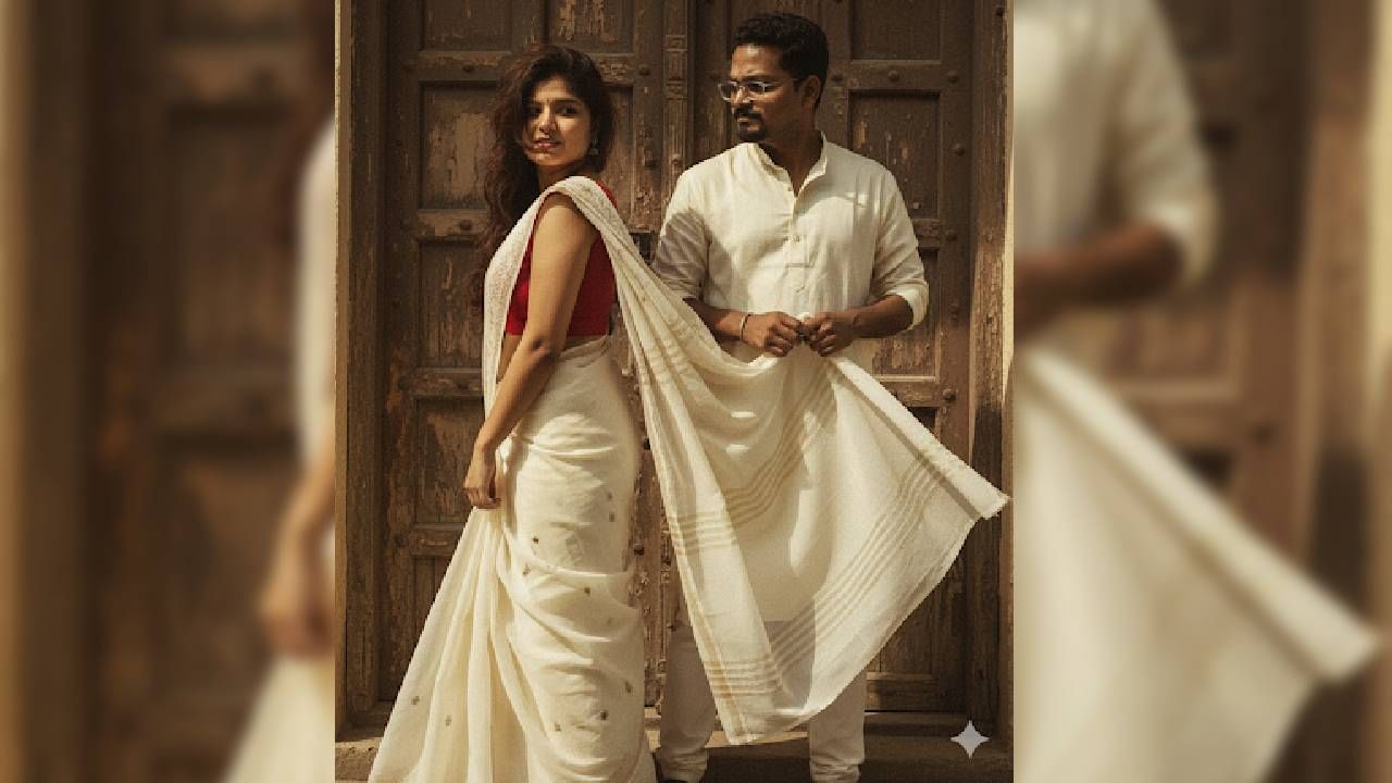 तुम्हाला वर दिसणाऱ्या फोटोसारखा फोटो तयार करायचा असेल तर Prompt Create a retro, vintage-inspired ultra hd 4k image — grainy yet bright — based on the reference picture. The girl should be draped in a perfect off-white cotton saree with a red blouse. Pinterest-style aesthetic saree. The vibe must capture the essence of a 90s movie dark brown-haired baddie, enhanced by a windy, romantic atmosphere and the guy should be wearing an off white kurta She stands against an old wooden door, where deep shadows and dramatic contrasts add mystery and artistry to the scene, creating a moody yet enchanting cinematic effect. Make the girl pose like she’s walking and looking back while the guy is holding her saree pallu very evidently and the guy should be looking at the girl. guy having French cut  हे प्रॉम्प्ट वापरावे लागेल.