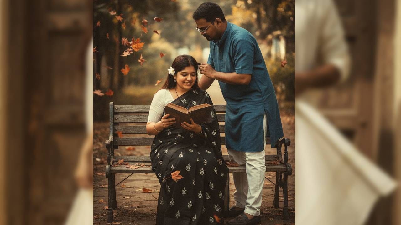 तुम्हाला वर दिलेला फोटो तयार करायचा असेल तर Prompt :Create a retro, vintage-inspired ultra hd 4k image — grainy yet bright — based on the reference picture. The girl should be draped in a perfect black cotton saree with white leaf prints and with a white blouse. Pinterest-style aesthetic saree. The vibe must capture the essence of a 90s movie dark brown-haired baddie, with a white flower in the hair enhanced by a windy, romantic atmosphere and the guy should be wearing an blue short kurta with white chinos She sits on a wooden bench where deep shadows and dramatic contrasts add mystery and artistry to the scene, creating a moody yet enchanting cinematic effect by making maple leaves fly here and there. Make the girl pose like she’s sitting and reading the book. the guy is adjusting her hair looking at her. The girl should be looking at the book. हे प्रॉम्प्ट वापरावे लागेल.