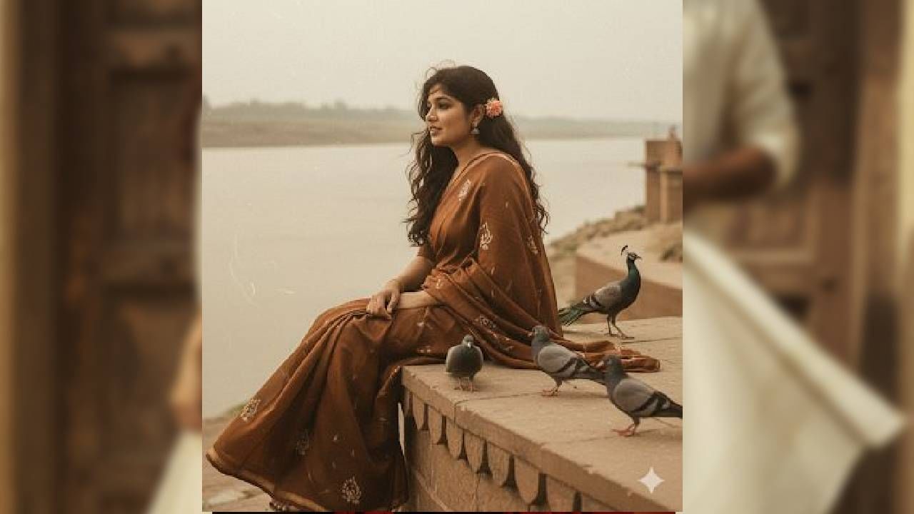 तुम्हाला वर दिलेला फोटो तयार करायचा असेल तर Prompt : create a vintage grainy but bright image of the reference picture but draped in a perfect brown color pinteresty aesthetic retro saree. It must feel like like a 90’s movie with long hair with a small flower tucked visibly into her curls and romanticising the windy enviroment. The girl is seating on bay of river birds and peacock around her. The background is minimalistic and slightly textured and the expression on her face is moody calm yet slightly happy and introspective हे प्रॉम्प्ट वापरावे लागेल.