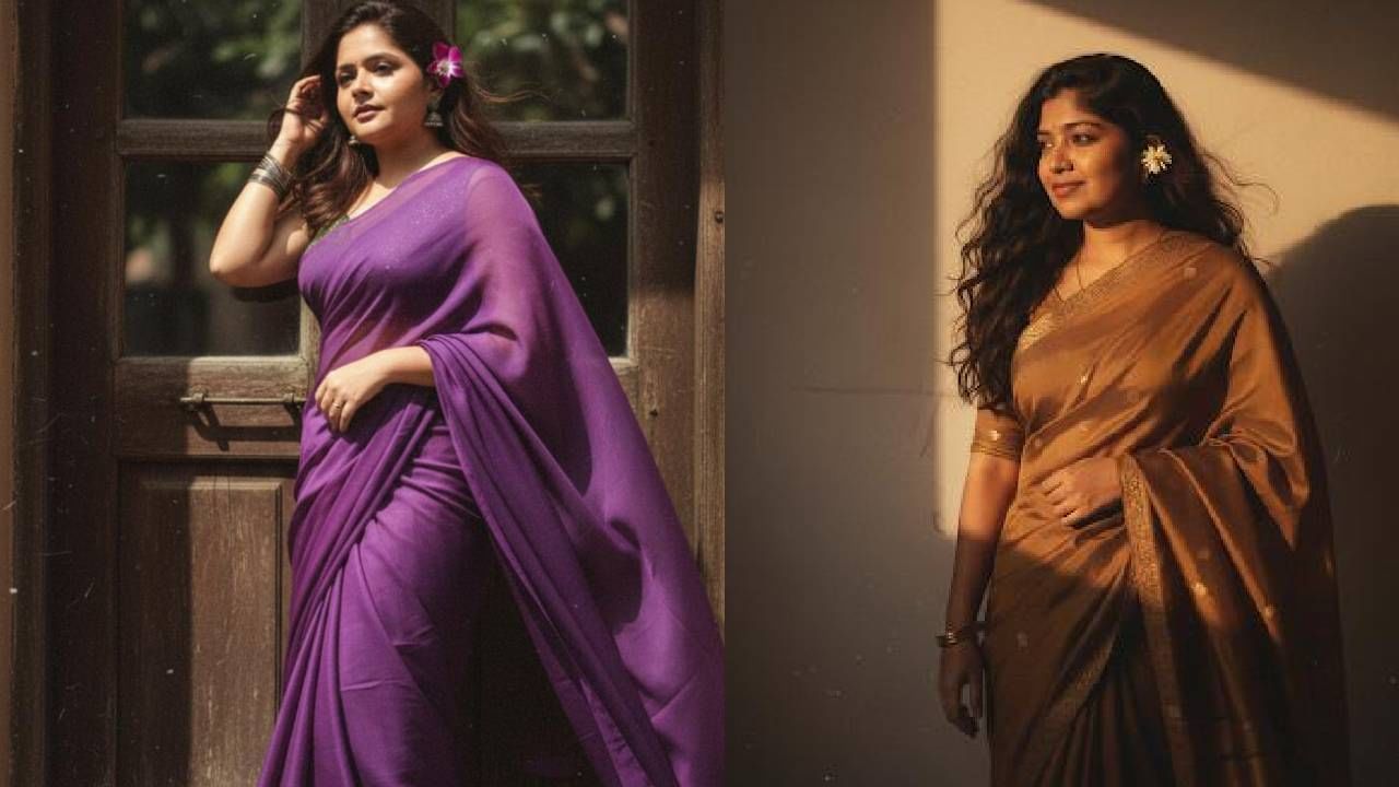 या फोटोसाठी Prompt : create a vintage grainy but bright image of the reference picture but draped in a perfect brown color pinteresty aesthetic retro saree. It must feel like like a 90’s movie with long hair with a small flower tucked visibly into her curls and romanticising the windy enviroment. The girl is standing against a solid wall deep shadows and contrast drama creating a mysterious and artistic atmosphere where the lighting is warm with golden tones of evoking a sunset or golden hour glow . The background is minimalistic and slightly textured and the expression on her face is moody calm yet slightly happy and introspective हे पेस्ट करा.