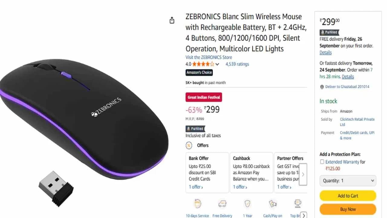 ZEBRONICS Wireless Mouse : अ‍ॅमेझॉनवर विकल्या जाणाऱ्या या  माउसला 5 पैकी 4 स्टार रेटिंग मिळालीआहे.  63 टक्के डिस्काऊंटनंतर हा माऊस 299 रुपयात तुम्हाला मिळेल.  त्याशिवाय HP, Logitech, Portronics, Acer आणि Lenovo सारख्या कंपन्यांचे माऊस सुद्धा तुम्हाला 500 रुपयापेक्षा कमी किंमतीत मिळतील.  (फोटो-अ‍ॅमेझॉन)
