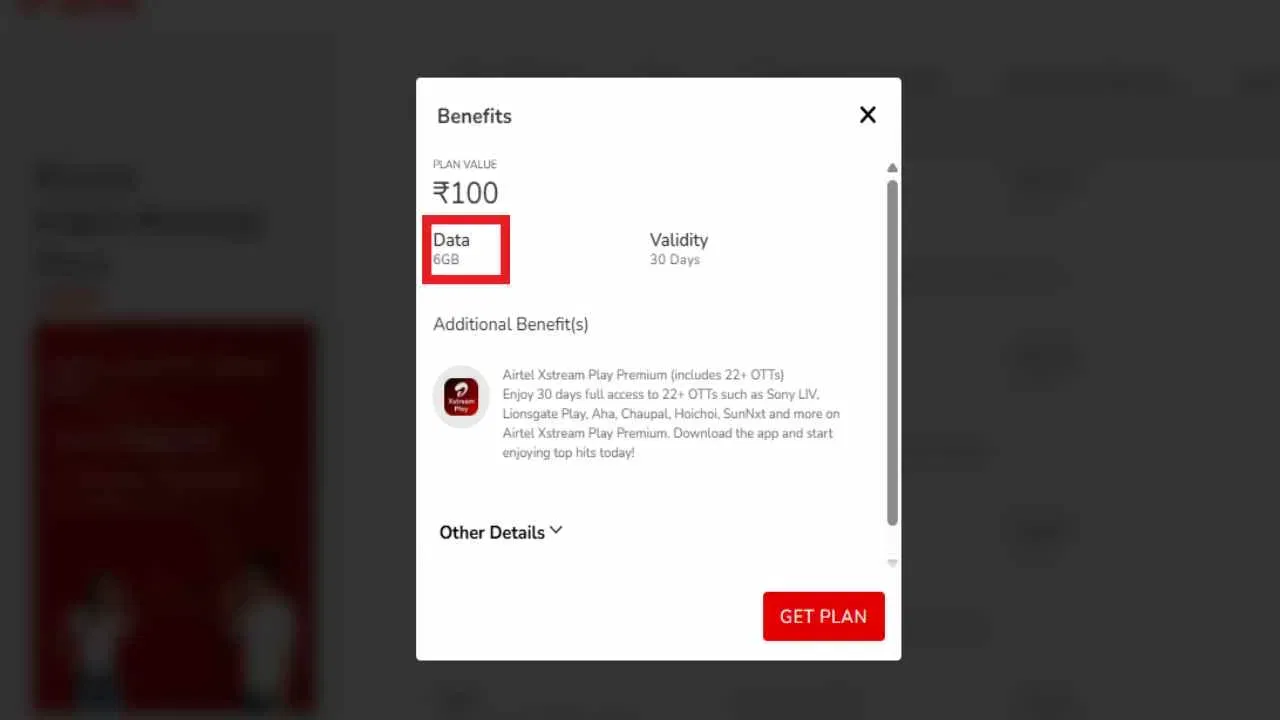 एअरटेल 100 प्लॅन: पूर्वी ग्राहकांना या प्लॅनसह 5 जीबी हाय-स्पीड डेटा मिळत होता. मात्र आता त्यात बदल करण्यात आला असून तुम्हाला 6 जीबी हाय-स्पीड डेटा मिळणार आहे. आता तुम्हाला 1 जीबी डेटा अतिरिक्त मिळणार आहे. (फोटो - एअरटेल.इन)