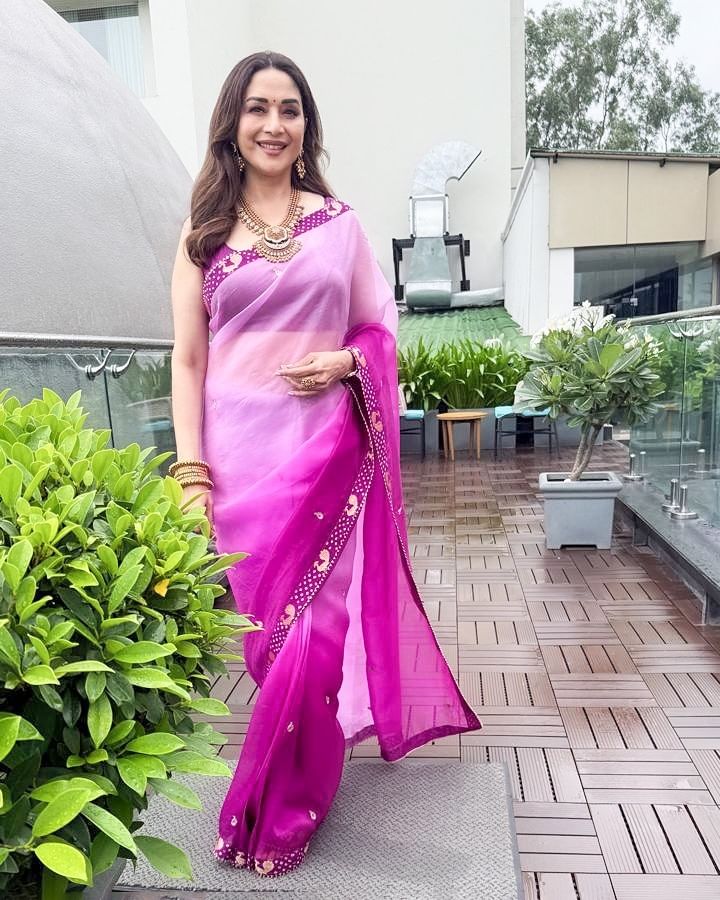 साडीत अभिनेत्रीस्वतःचे काही फोटो पोस्ट केले आहेत. माधुरी कायम स्वतःचे नव्या लूकमधील फोटो सोशल मीडियावर पोस्ट करत असते. आता पोस्ट केलेले फोटो देखील चाहत्यांना प्रचंड आवडले आहेत.