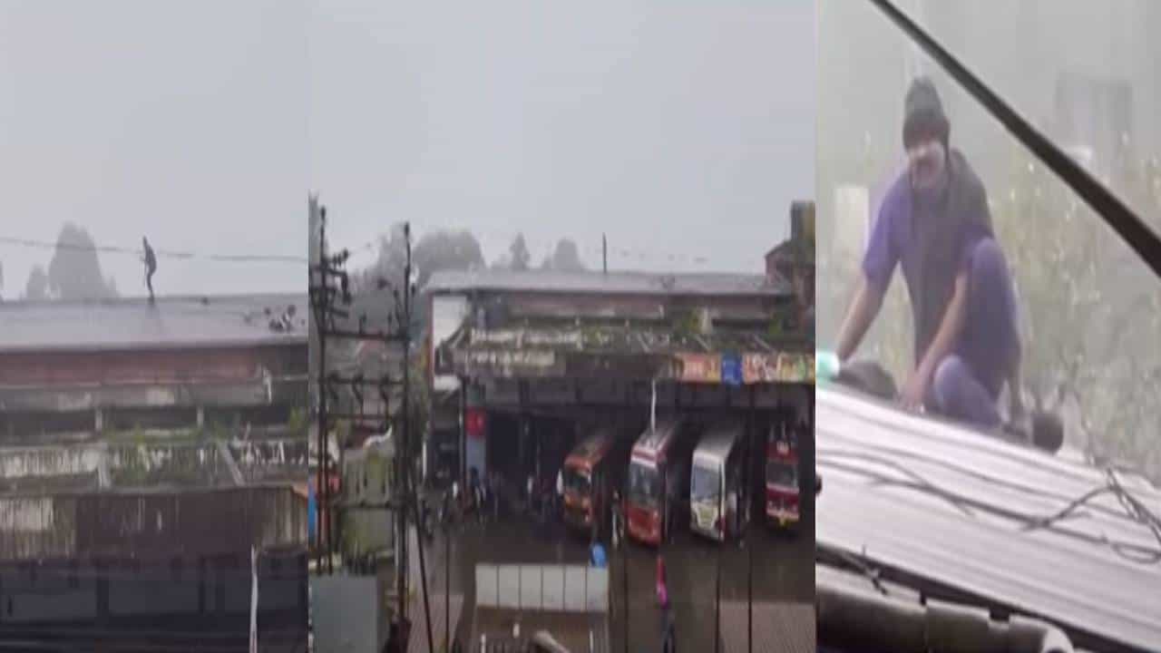MSRTC ST Satara : भरपावसात 'तो' थेट डेपोच्या पत्र्यांवर चढला अन्... साताऱ्यात एसटी कर्मचाऱ्याचं आंदोलन, कारण काय?