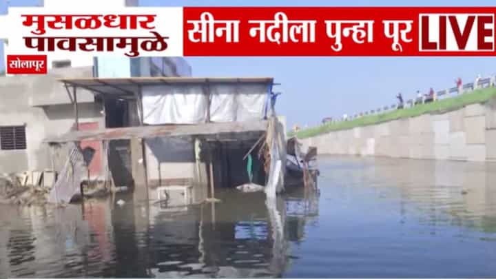 Solapur Floods : सोलापुरला मुसळधार पावसानं झोडपलं, सीना नदीच्या पुराचा पुन्हा फटका अन् गाव पाण्याखाली Solapur Floods : सोलापुरला मुसळधार पावसानं झोडपलं, सीना नदीच्या पुराचा पुन्हा फटका अन् गाव पाण्याखाली