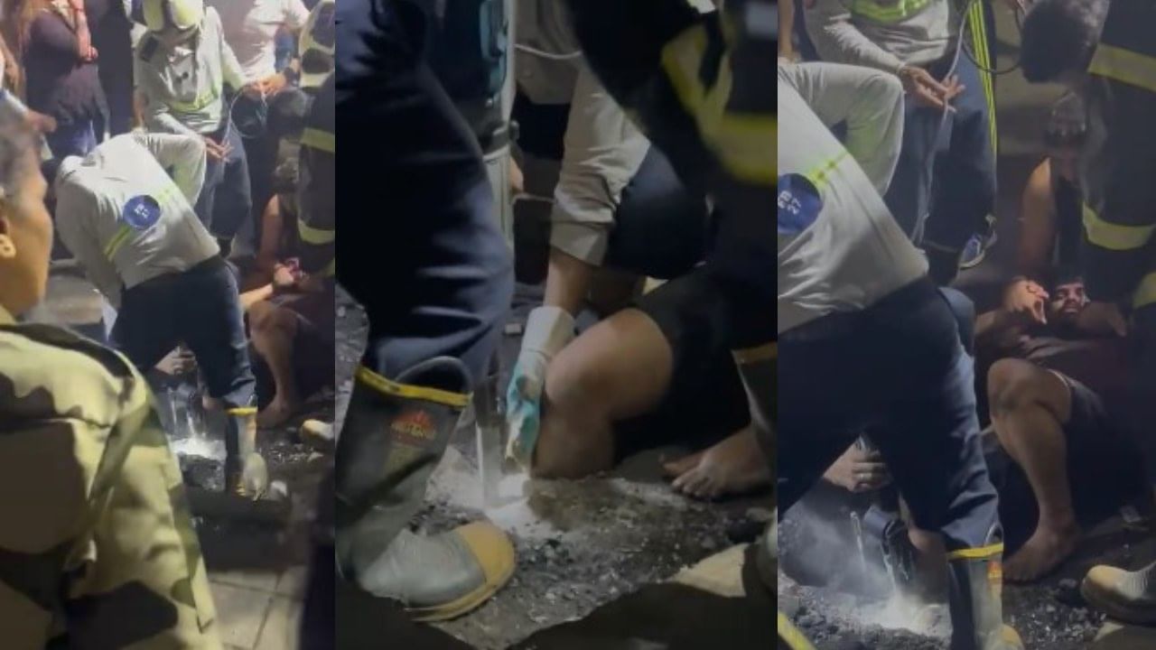  या भागात रात्री १ वाजण्याच्या दोन गटात मारामारी झाली. त्यावेळी या तरुणाचा पाय या खड्ड्यात नेमका अडकला. अग्निशमन दलाने खड्डा खणून या तरुणाला अखेर बाहेर काढले तेव्हा सर्वांनी सुटकेचा नि:श्वास सोडला. रस्त्यावरील या खड्ड्याला जबाबदार कोण ? असा सवाल केला जात आहे. 