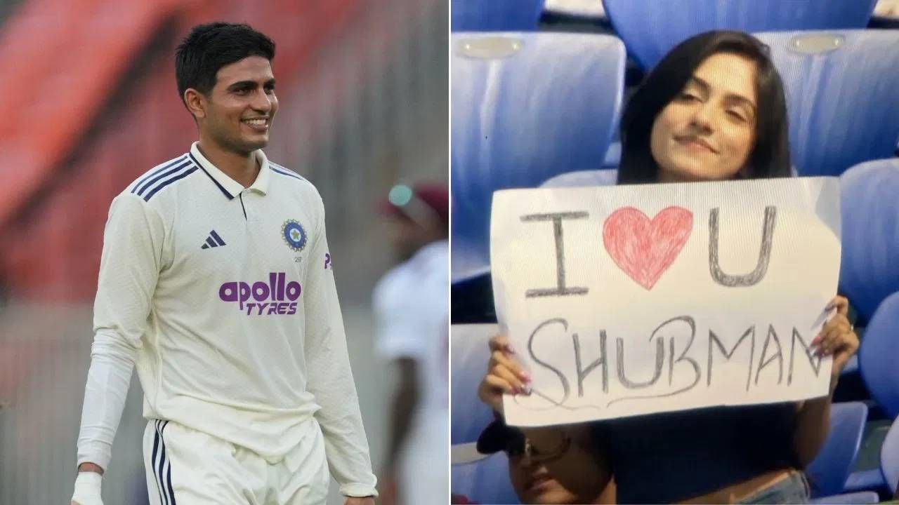 दुसऱ्या कसोटीच्या दुसऱ्या दिवशी कर्णधार शुबमन गिलने शतक साजरं केलं. यावेळी मैदानात उपस्थित असलेल्या तरूणीने एक डेडिकेटेड प्लेकार्ड दाखवलं. ते कॅमेऱ्यात चित्रित झालं. त्यावर 'I Love You Shubman' असं लिहिलं होतं. हा फोटो सोशल मीडियावर व्हायरल होत आहे. (PHOTO CREDIT- PTI)
