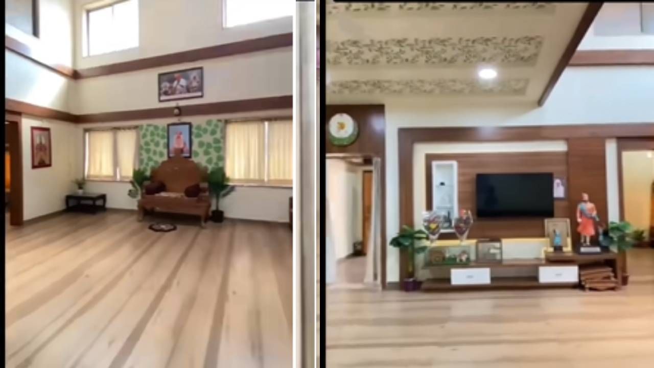 याच भागात एक मोठे आसन ठेवण्य़ात आले आहे. हे आसन इंदूरीकर महाराजांच्या बसण्याचे आसन असल्याचे म्हटले जात आहे. तसेच या हॉलमध्ये एक टीव्ही यूनिट देखील दिसत आहे. 