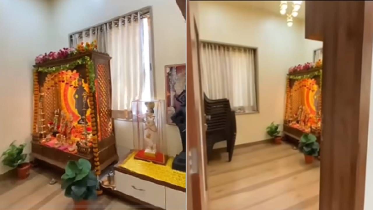 त्यानंतर इंदूरीकर महाराजांच्या घरात पुढे गेल्यानंतर एक छोटेसे देवघर दिसते. हे देवघर फुलांनी सजवलेले दिसत आहे. तसेच त्या देवघराच्या शेजारी विठ्ठल-रखुमाईची मूर्ती दिसत आहे.