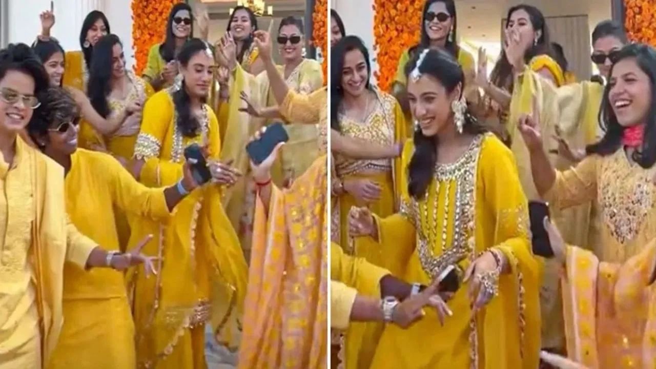 संपूर्ण हळदी समारंभात पिवळ्या रंगाच्या थीमचा बोलबाला होता. स्मृतीसोबत शेफाली वर्मा, रिचा घोष, श्रेयंका पाटील, रेणुका सिंग, शिवाली शिंदे, राधा यादव आणि जेमिमा पिवळ्या रंगाच्या ड्रेसमध्ये खूपच सुंदर दिसत होत्या.