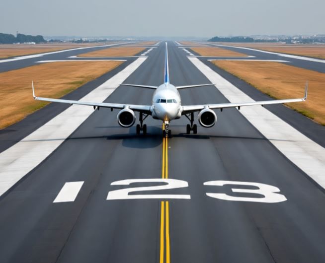 तुम्हाला विमानाच्या धावपट्टीवर मोठ्या-मोठ्या आकाराचे काही आकडे लिहिलेले आढळतात. यामागे एक वैज्ञानिक कारण आहे. या आकड्यांच्या मदतीने रनवे कोणत्या दिशेला आहे, हे पायलटला समजते. तसेच विमानाचे टेकऑफ करण्यासाठी विमान उतरवण्यासाठी कोणत्या रनवेचा उपयोग करायचा? हेदेखील वैमानिकांना या आकड्यांच्या मदतीनेच समजते. (सांकेतिक फोटो, फोटो सौजन्य- मेटा एआय)