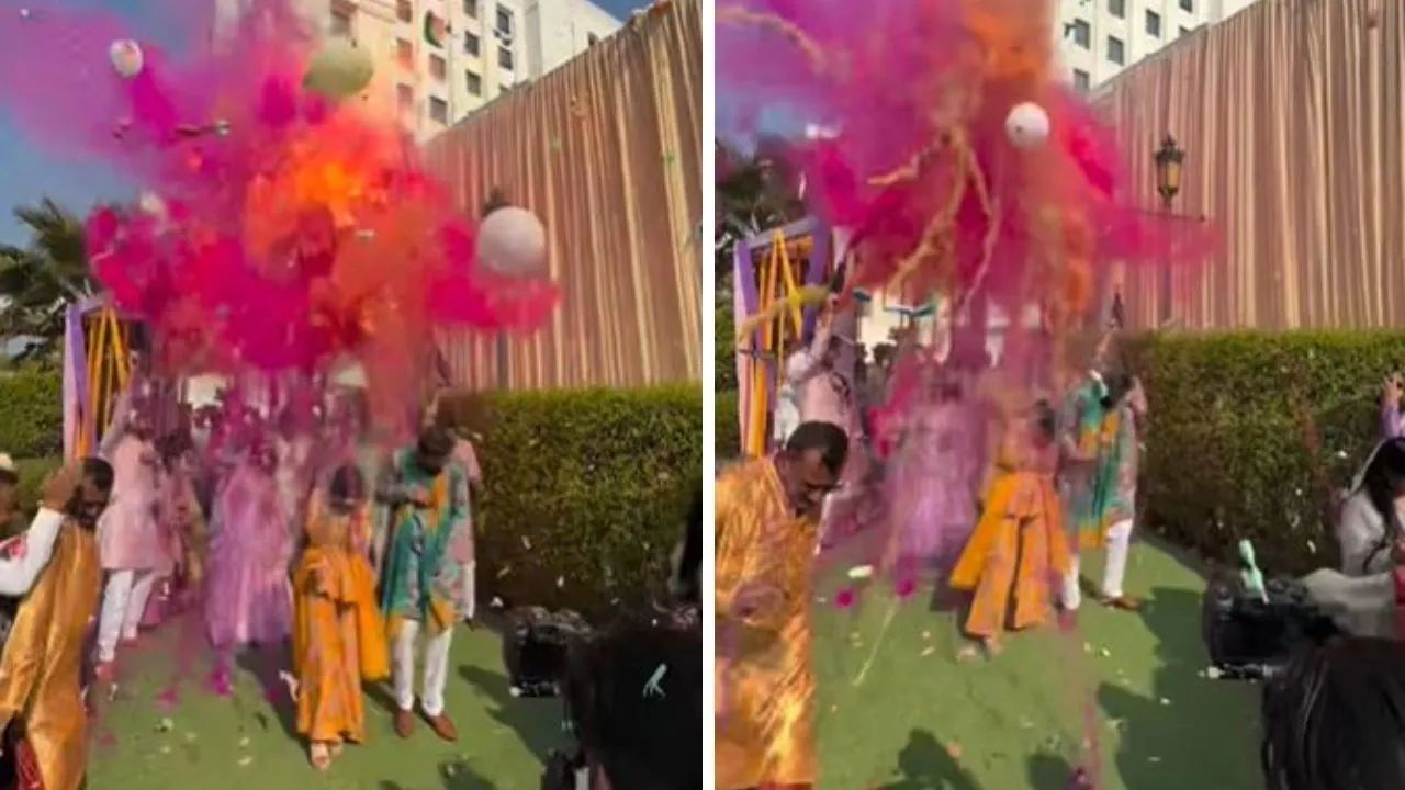 हळदीचा विधी सुरु असताना हायड्रोजन फुग्यांचा धमाका, वधू-वरांना बसली झळ, video viral हळदीचा विधी सुरु असताना हायड्रोजन फुग्यांचा धमाका, वधू-वरांना बसली झळ, video viral