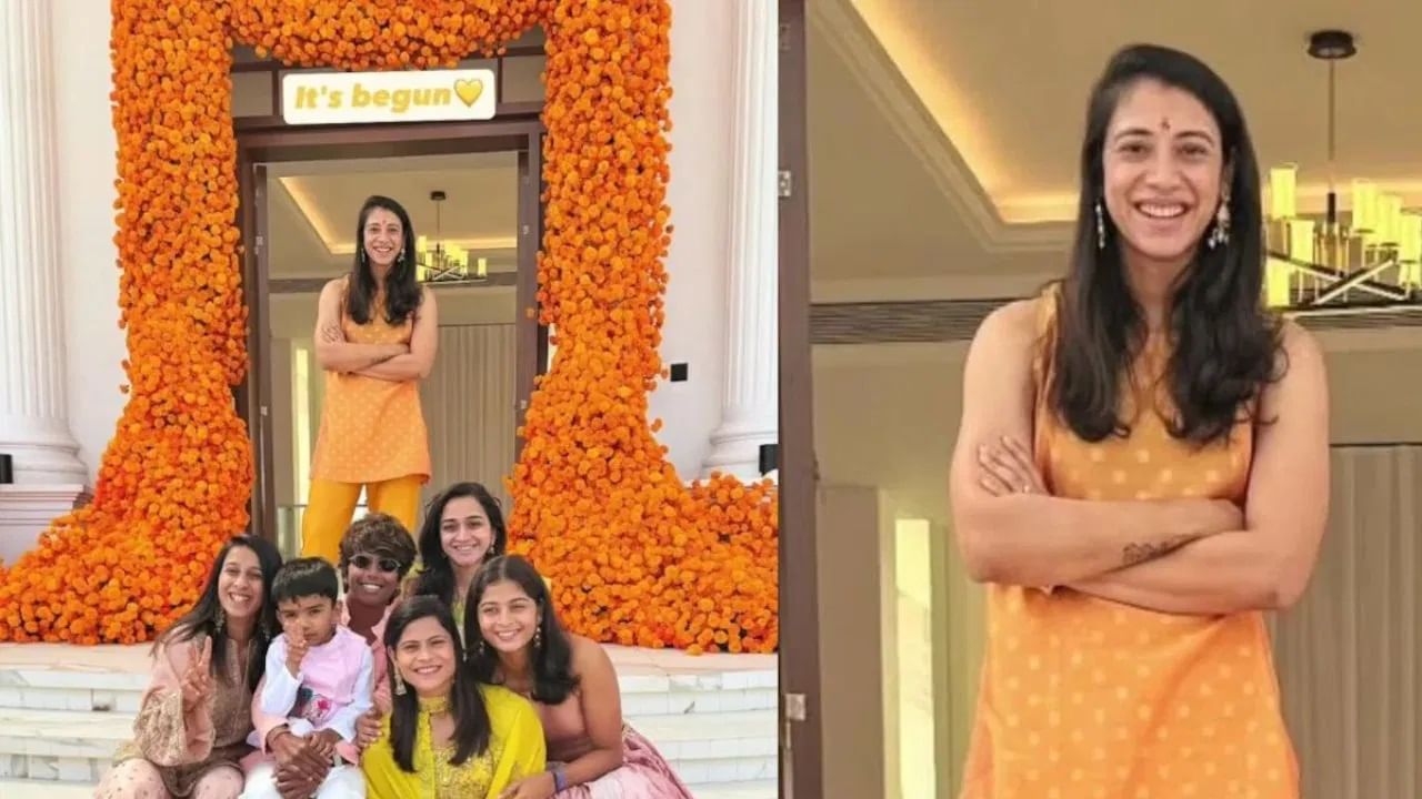 या खास दिवसासाठी स्मृतीने पिवळ्या रंगाचा शरारा सूट निवडला, नवरीच्या रुपात स्मृती हिचं सौंदर्य फुलून दिसत आहे. तिने कपाळावर मांगटीका, सुंदर झुमके आणि खूप हलका मेकअप केला होता.