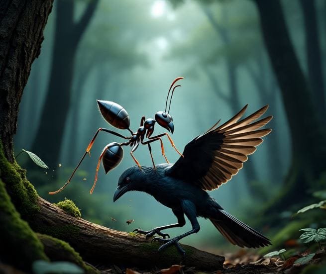 यामध्ये कावळा या पक्ष्याचे नाव प्रामुख्याने घ्यावे लागेल. स्वत:चा जीव वाचावा यासाठी कावळा थेट मुंग्यांना स्वत:वर हल्ला करू देतो. कावळा मुंग्यांना थेट चावा घेण्याची मुभा देतो. विशेष म्हणजे यामुळे कावळ्याचा जीव वाचतो.  (सांकेतिक फोटो, फोटो सौजन्य- मेटा एआय)