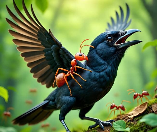 हेच फॉर्मिक अॅसिड कावळ्यासाठी एक औषध म्हणून काम करते. त्यामुळे जीव वाचवण्यासाठी कावळे मुंग्यांचे वारूळ उद्ध्वस्त करताना दिसतात. कावळे मुंग्यांना हल्ला करू देतात. मुंग्या चावा घेत असताना कावळे मस्तपैकी आपले पंख पसरून निवांत बसून राहतात. (सांकेतिक फोटो, फोटो सौजन्य- मेटा एआय)