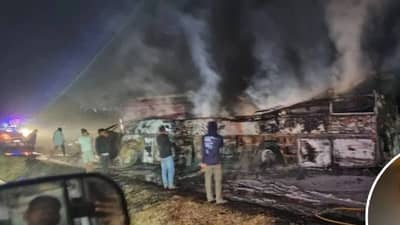 पहाटे पहाटेच मृतदेहांचा खच, कंटेनर ट्रक बसला धडकला, पेटलेल्या बसमधील 17 प्रवाशांचा जळून मृत्यू, काहीच…