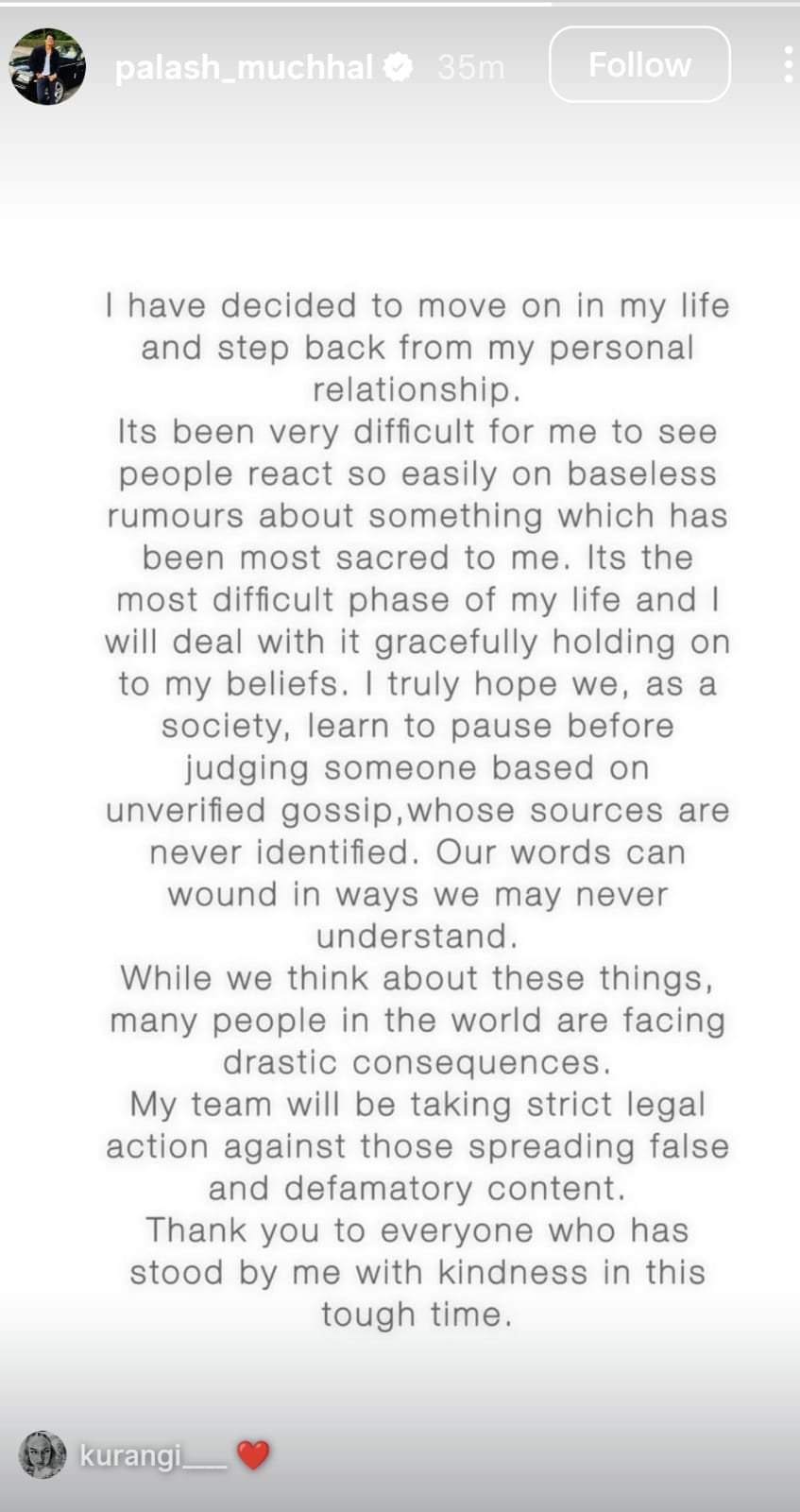 Palash Muchhal Instagram Story