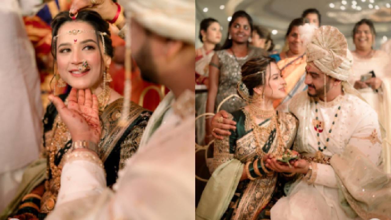 प्राजक्ताने लग्नात हिरव्या रंगाची नऊवारी साडी नेसली आहे. त्यावर हातात हिरवा चु़डा, गळ्यात ज्वेलरी, केसात गजरा, कपाळी चंद्रकोर, नाकात नथ असा सिंपल लूक केला आहे. प्राजक्ता या लूकमध्ये अतिशय सुंदर दिसत आहे. अनेकांनी तिच्या या फोटोंवर लाइक्स आणि कमेंटचा वर्षाव केला आहे.