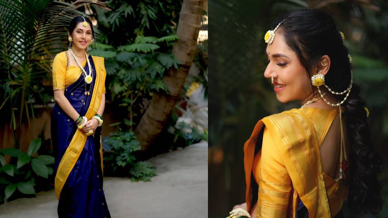 निळ्या रंगाची काठपदराची साडी, हातात हिरव्या बांगड्या,  फुलांचे दागिने.. असा हा तिचा लूक आहे. या फोटोंमध्ये सई अत्यंत सुंदर दिसत असून गरोदरपणातील सौंदर्य तिच्या चेहऱ्यावर सहज पहायला मिळत आहे. 
