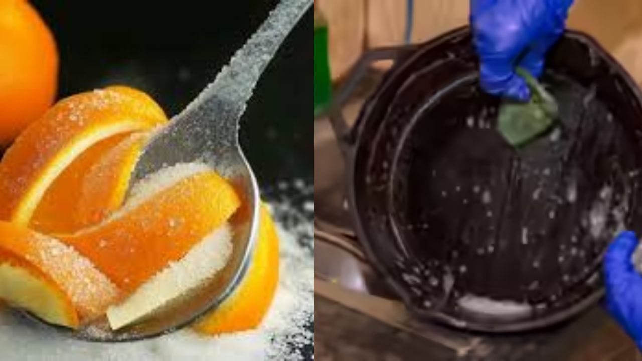 संत्र्याच्या सालीत थोडे मीठ मिसळा. मिठाचे खडबडीत कण चरबी काढण्यास अधिक प्रभावी ठरतात. ही मिश्रण कढईवर घासल्याने उत्तम परिणाम मिळतो. दुसरी पद्धत म्हणजे वाळलेल्या संत्र्याच्या सालीत थोडा डिटर्जंट किंवा साबण मिसळा. हे मिश्रण कढईवर लावून घासल्याने चरबी आणि काळेपणा लगेच निघून जातो.