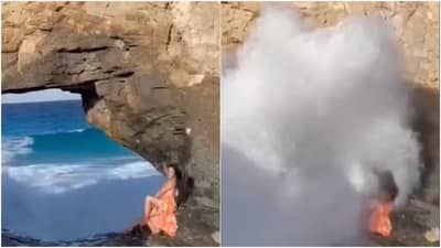 Viral Video : समुद्र किनारी पोज देत होती मॉडेल... तेवढ्या मोठी लाट आली अन्... भयानक व्हिडीओ समोर