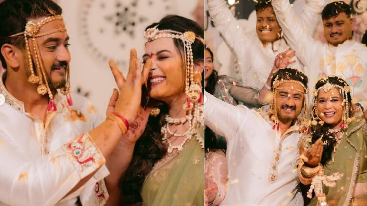 आज (2 डिसेंबर) होणाऱ्या विवाहसोहळ्यापूर्वी प्राजक्ता- शंभुराज यांची हळद आणि संगीत सोहळा पार पडला. हळदी समारंभात दोघांनीही धमाल केली. पिवळ्या आणि हिरव्या रंगाच्या काँबिनेशन ड्रेसमध्ये प्राजक्ता खूप सुंदर दिसत होती.