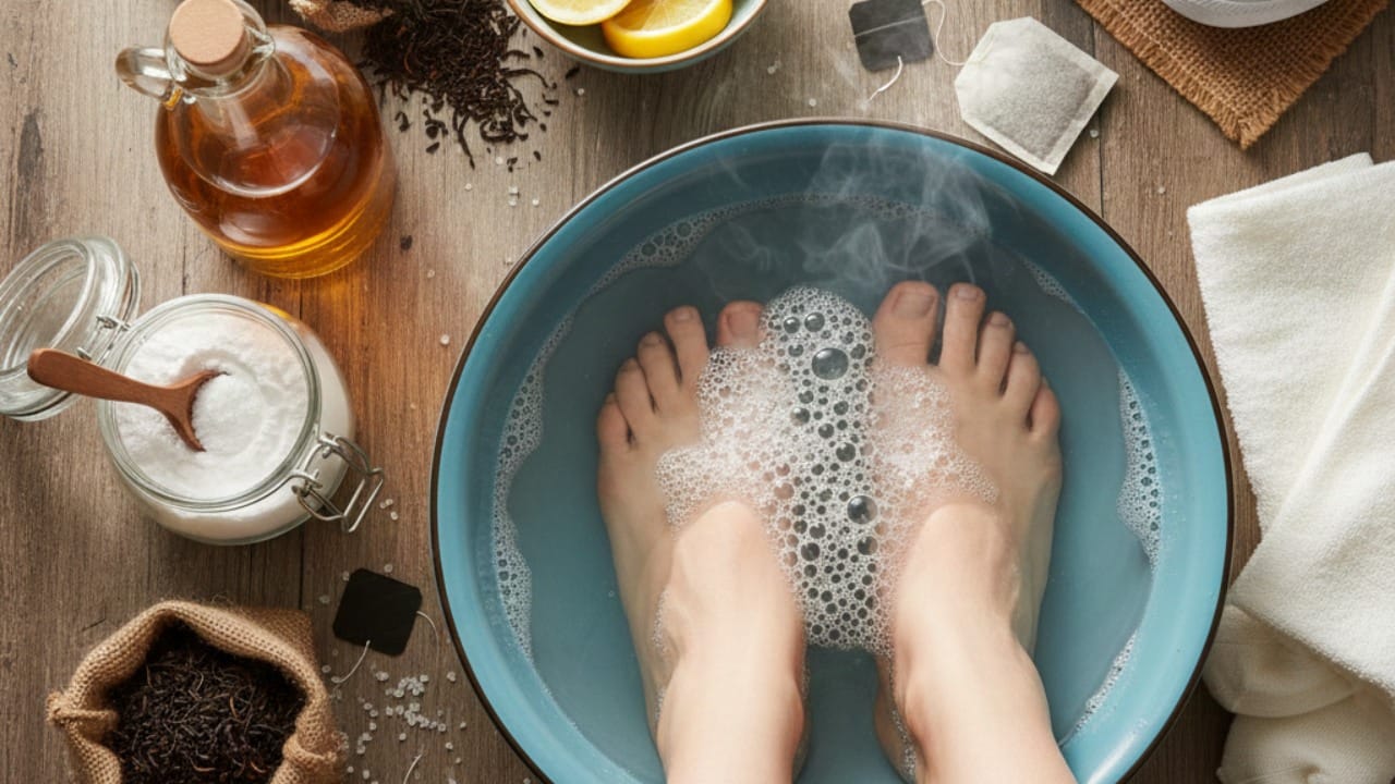 एका टबमध्ये कोमट पाणी घ्या आणि त्यात दोन चमचे मीठ टाका.  यानंतर १५ ते २० मिनिटे पाय बुडवून ठेवा. मीठ त्वचेतील ओलावा शोषून घेतो. ज्यामुळे वास येण्यासाठी कारणीभूत ठरणारे बॅक्टेरिया जिवंत राहू शकत नाहीत. हा प्रयोग आठवड्यातून किमान ३-४ वेळा करावा.
