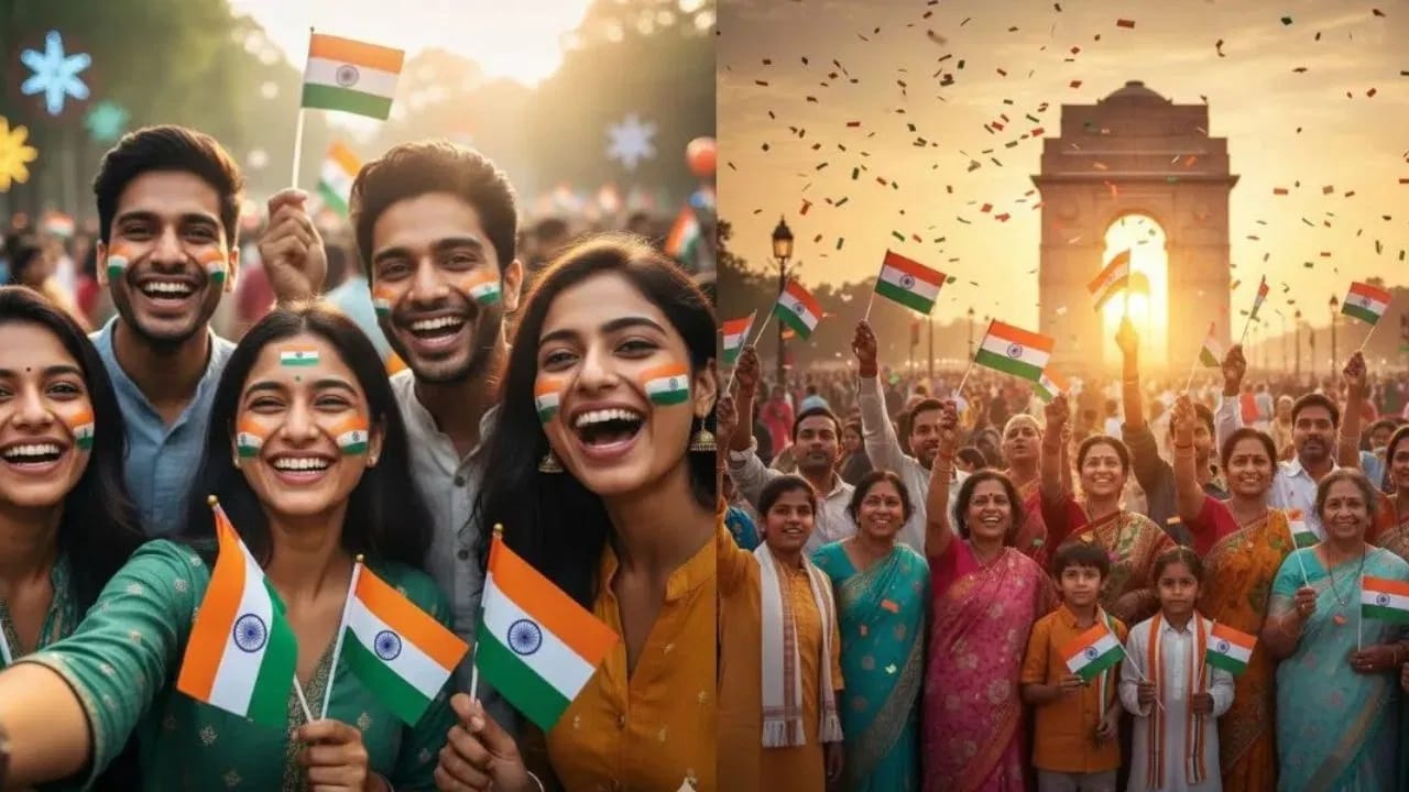  मित्रांसोबत किंवा कुटुंबासोबत तिरंगा धरलेले ग्रुप फोटो तयार करायचे असतील तर या प्रॉम्टचा वापर करा...  (Prompt: Keep the facial features of all the people in the photo exactly 100% same. Create a photo where this group of people is standing straight and facing the camera, all wearing white Indian clothes, holding a large Tiranga together with both hands, background decorated with saffron, white, and green balloons (flying in the air), bright lighting in daytime, joyful patriotic mood, realistic group photography)