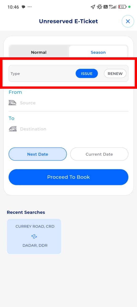यानंतर त्याखालीच तुम्हाला Issue आणि Renew असे दोन पर्याय दिसतील. यात जर तुम्हाला नवीन पास काढायचा असेल तर Issue वर क्लिक करावे लागेल. जर तुम्ही दररोज ठराविक प्रवास करत असाल आणि त्याचा पास दर महिन्याला काढत असाल तर तुम्हाला Renew हा पर्याय वापरावा लागेल.